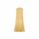 Flat lay of a yellow Cheongsam dress with a mandarin collar, floral embroidery, beaded trim, and a pleated skirt, crafted from 100% polyester.