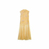 Flat lay of a yellow Cheongsam dress with a mandarin collar, floral embroidery, beaded trim, and a pleated skirt, crafted from 100% polyester.
