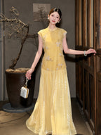 Side view of a yellow Cheongsam dress with a mandarin collar and pleated skirt, styled with a white handbag and pearl shoes, crafted from 100% polyester.