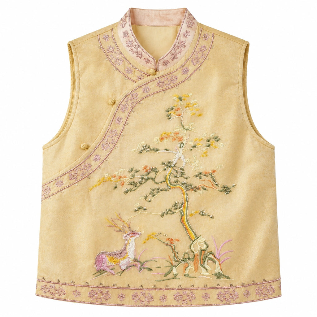 Flat lay of a yellow sleeveless Cheongsam vest with a mandarin collar, intricate deer and pine tree embroidery, and pearl button details, crafted from 100% polyester.