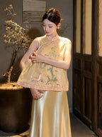 Model wearing a yellow embroidered Cheongsam vest with a mandarin collar and deer motif, paired with a yellow satin skirt, showcasing the 100% polyester fabric.