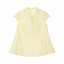 Flat lay of a yellow lace-trimmed Cheongsam top with a mandarin collar, delicate floral embroidery, and short lace sleeves, crafted from 80% Viscose, 20% Polyamide.