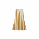 Flat lay of a yellow satin A-line maxi skirt with a high waist and smooth flowing drape, crafted from 100% polyester.